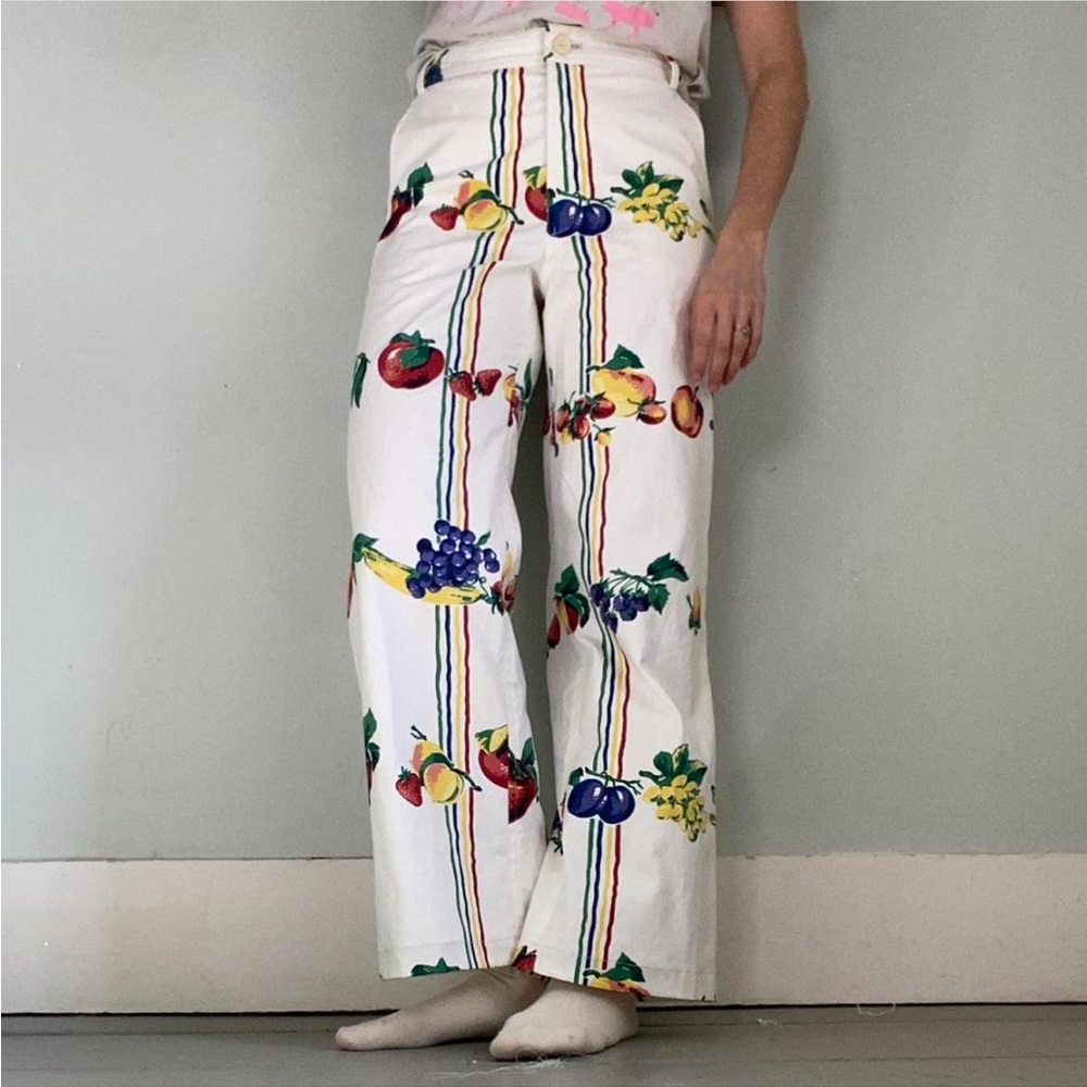 VINTAGE: handmade, table cloth pants, 30 waist, fruits and stripes